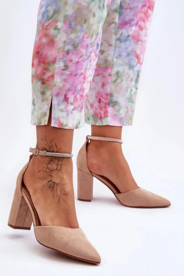 Zamszowe Czółenka Z Cyrkoniami Ciemnobeżowe Diamond