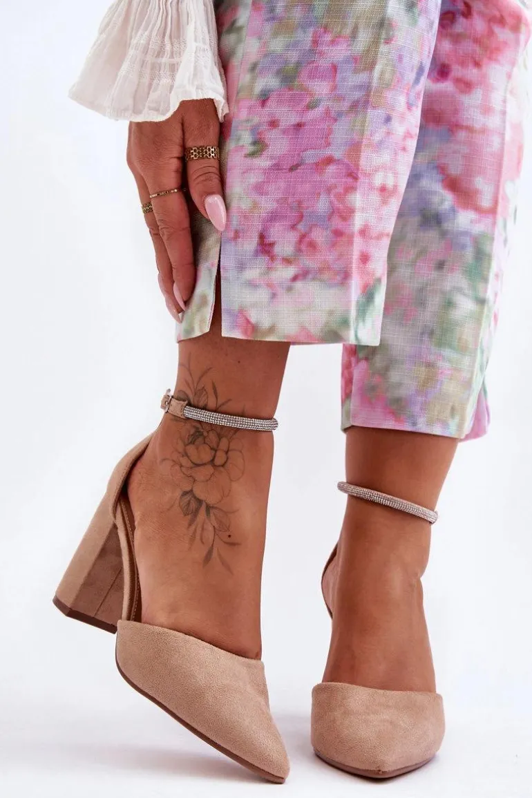 Zamszowe Czółenka Z Cyrkoniami Ciemnobeżowe Diamond