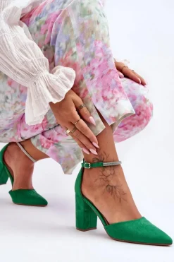 Zamszowe Czółenka Z Cyrkoniami Zielone Diamond