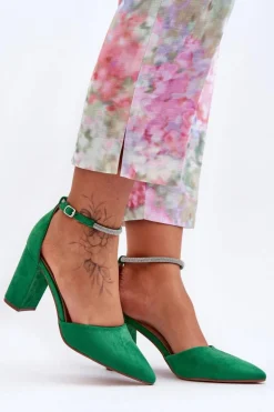 Zamszowe Czółenka Z Cyrkoniami Zielone Diamond