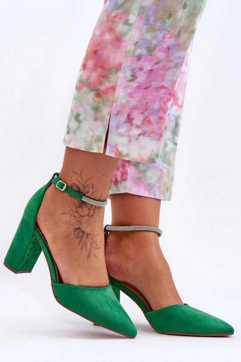 Zamszowe Czółenka Z Cyrkoniami Zielone Diamond