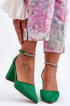 Zamszowe Czółenka Z Cyrkoniami Zielone Diamond