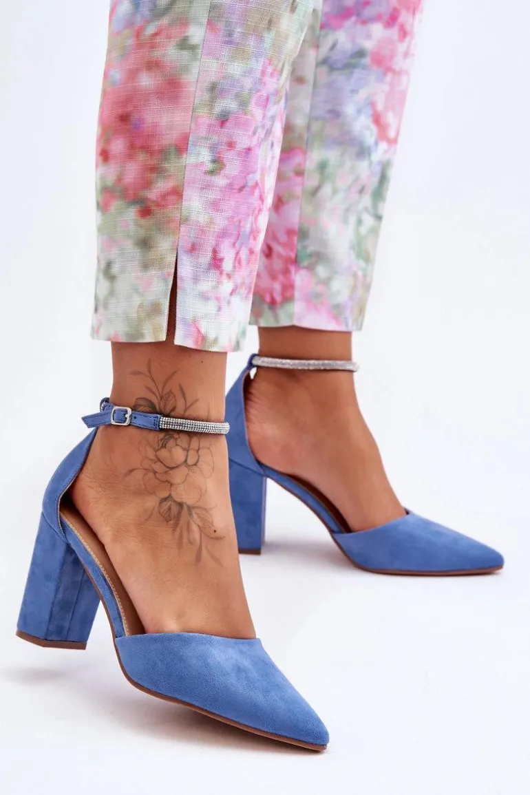 Zamszowe Czółenka Z Cyrkoniami Niebieskie Diamond