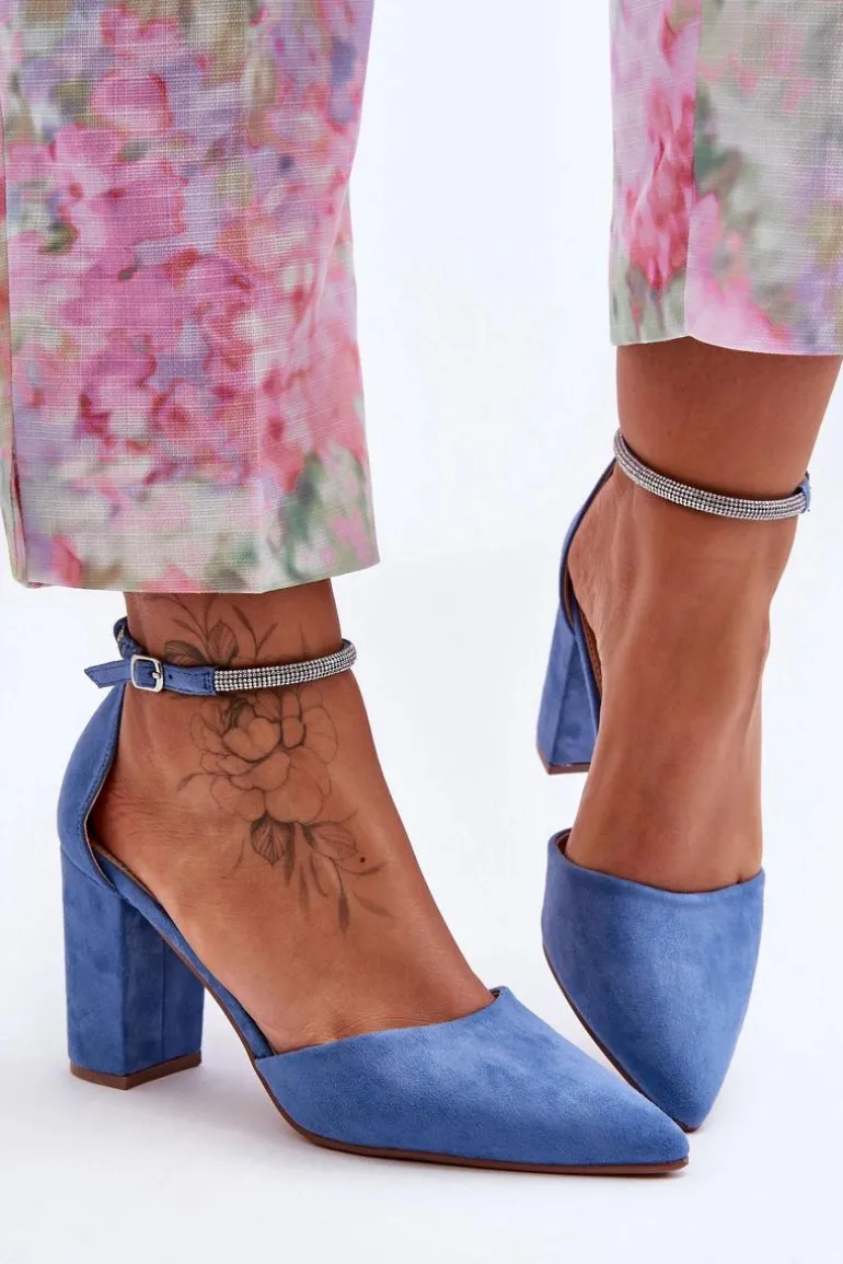 Zamszowe Czółenka Z Cyrkoniami Niebieskie Diamond