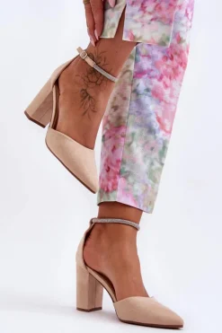 Zamszowe Czółenka Z Cyrkoniami Beżowe Diamond