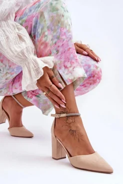 Zamszowe Czółenka Z Cyrkoniami Beżowe Diamond