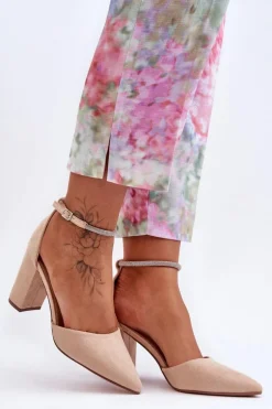 Zamszowe Czółenka Z Cyrkoniami Beżowe Diamond