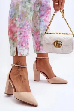 Zamszowe Czółenka Z Cyrkoniami Beżowe Diamond