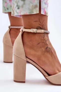 Zamszowe Czółenka Z Cyrkoniami Beżowe Diamond