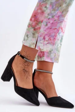 Zamszowe Czółenka Z Cyrkoniami Czarne Diamond