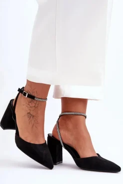 Zamszowe Czółenka Z Ozdobnym Paseczkiem Czarne Lirosa