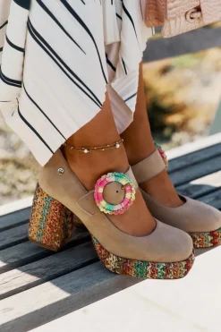 Zamszowe Czółenka Z Plecionką Na Słupku I Platformie Maciejka 06839-04 Beżowe