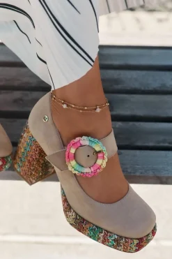 Zamszowe Czółenka Z Plecionką Na Słupku I Platformie Maciejka 06839-04 Beżowe