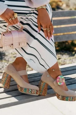 Zamszowe Czółenka Z Plecionką Na Słupku I Platformie Maciejka 06839-04 Beżowe