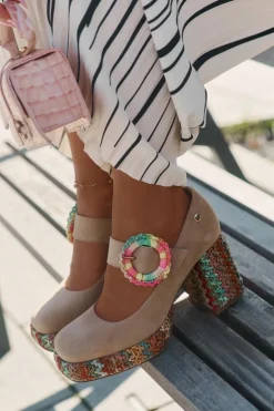 Zamszowe Czółenka Z Plecionką Na Słupku I Platformie Maciejka 06839-04 Beżowe