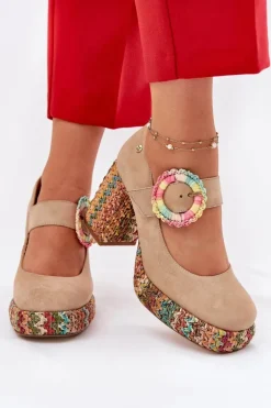 Zamszowe Czółenka Z Plecionką Na Słupku I Platformie Maciejka 06839-04 Beżowe