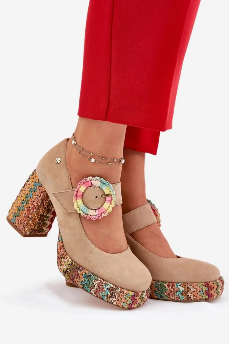 Zamszowe Czółenka Z Plecionką Na Słupku I Platformie Maciejka 06839-04 Beżowe