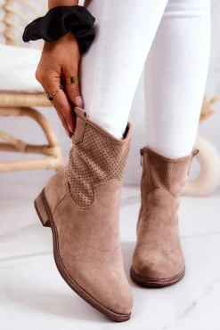 Zamszowe Damskie Ażurowe Botki Beżowe Lemar