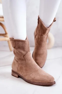 Zamszowe Damskie Ażurowe Botki Beżowe Lemar