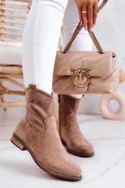 Zamszowe Damskie Ażurowe Botki Beżowe Lemar