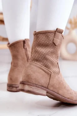 Zamszowe Damskie Ażurowe Botki Beżowe Lemar