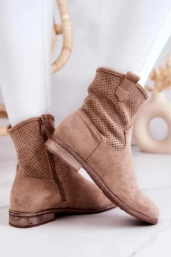 Zamszowe Damskie Ażurowe Botki Beżowe Lemar