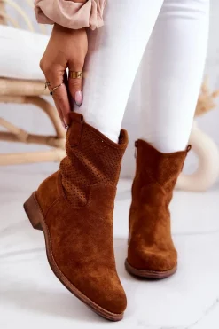 Zamszowe Damskie Ażurowe Botki Camel Lemar