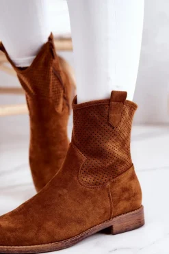 Zamszowe Damskie Ażurowe Botki Camel Lemar