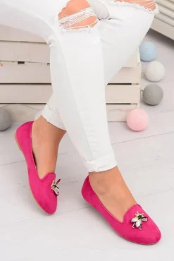 Zamszowe Damskie Balerinki Lordsy Fuksja Veni