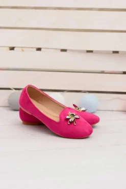 Zamszowe Damskie Balerinki Lordsy Fuksja Veni