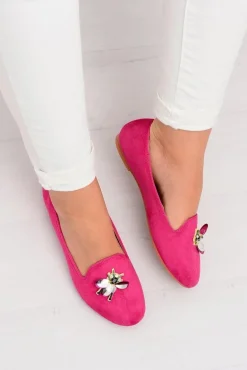 Zamszowe Damskie Balerinki Lordsy Fuksja Veni