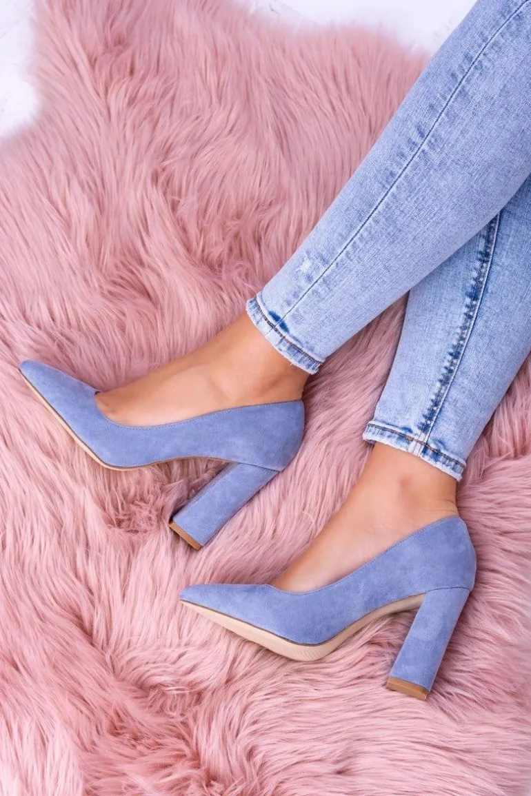 Zamszowe Damskie Błękitne Czółenka Na Słupku Celine