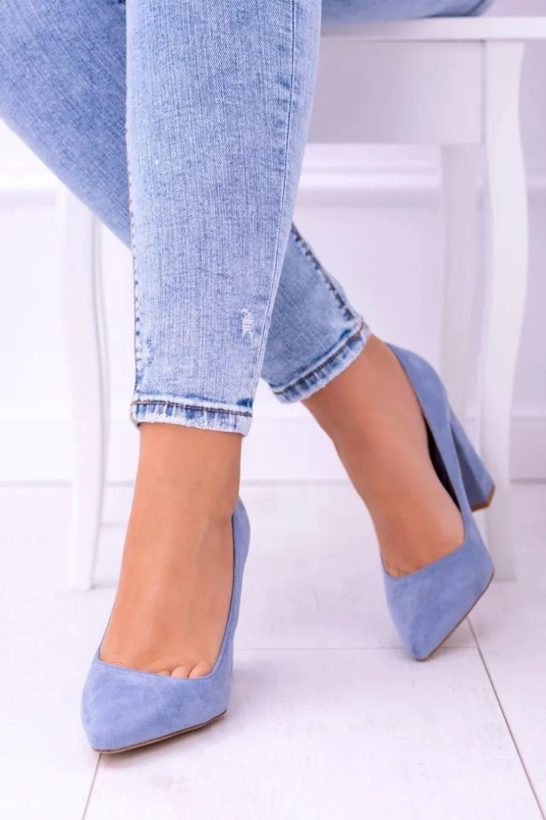 Zamszowe Damskie Błękitne Czółenka Na Słupku Celine