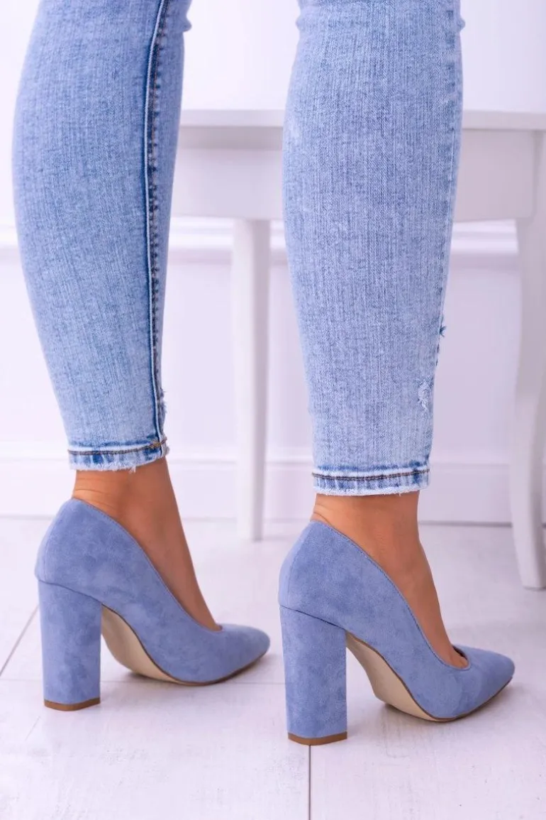 Zamszowe Damskie Błękitne Czółenka Na Słupku Celine