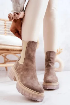 Zamszowe Damskie Botki Beżowe Eliann