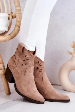 Zamszowe Damskie Botki Kowbojki Beżowe Devon