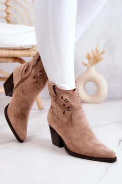 Zamszowe Damskie Botki Kowbojki Beżowe Devon