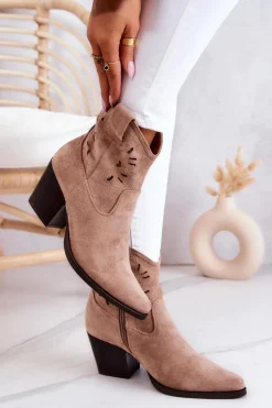 Zamszowe Damskie Botki Kowbojki Beżowe Devon