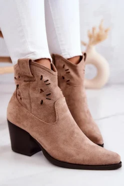 Zamszowe Damskie Botki Kowbojki Beżowe Devon