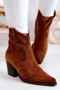 Zamszowe Damskie Botki Kowbojki Camel Devon