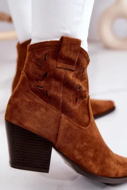 Zamszowe Damskie Botki Kowbojki Camel Devon