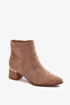 Zamszowe Damskie Botki Na Obcasie Beżowe Mebassa