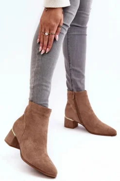 Zamszowe Damskie Botki Na Obcasie Beżowe Mebassa