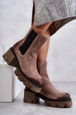 Zamszowe Damskie Botki Na Platformie Beżowe Lemar Hilde