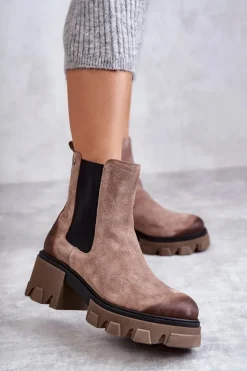 Zamszowe Damskie Botki Na Platformie Beżowe Lemar Hilde