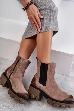 Zamszowe Damskie Botki Na Platformie Beżowe Lemar Hilde