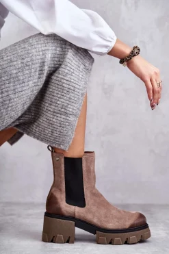 Zamszowe Damskie Botki Na Platformie Beżowe Lemar Hilde