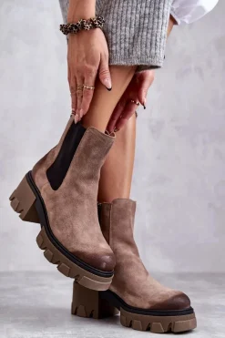 Zamszowe Damskie Botki Na Platformie Beżowe Lemar Hilde