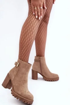 Zamszowe Damskie Botki Na Słupku Z Ozdobą Beżowe Menoria