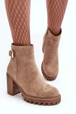 Zamszowe Damskie Botki Na Słupku Z Ozdobą Beżowe Menoria